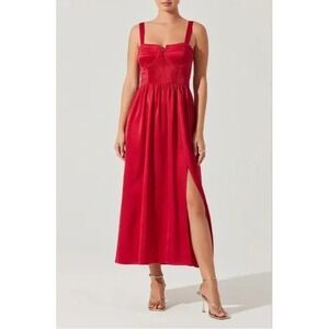 ASTR The Label Pleated Bustier Midi Dress‎ Cherry Red Size XS High Slit Romantic